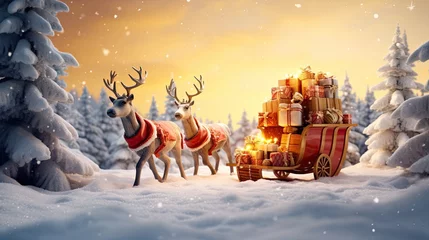 Fotobehang Santas sleigh pulled by reindeers with gift boxes on the winter background AI Generative © Tebha Workspace