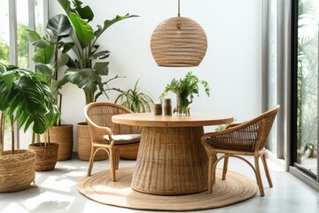 Bohemian and friendly minimalist dining area with a round table, rattan chairs, floor lamp, commode, carpet, decorations, and personal items. Generative AI