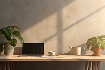 Modern workspace with laptop, framed mockup, concrete wall, sunlight, shadows, plant, coffee cup. 3D rendering. Generative AI