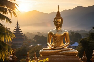 Image featuring combination of Thai Buddha, temple, and Himalaya hills. Generative AI - obrazy, fototapety, plakaty