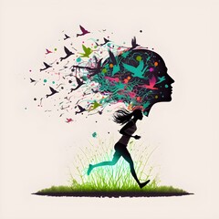 a human brain with a grass feld a woman silhouette happy runnig birds flying colored confettis ultra realist funny 