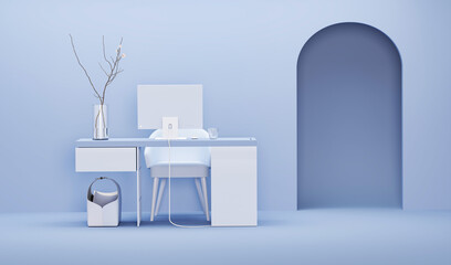 Pastel blue monochrome minimal office table desk. Minimal idea concept for study desk and workspace. Mockup template, 3d rendering	