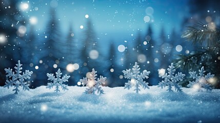Fototapeta na wymiar Sparkling blue snowflakes on the winter background Ai Generative