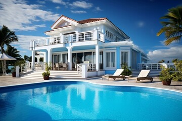 Beach house with pool, terrace, against blue sky, perfect vacation home for large family. Generative AI