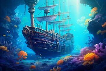 Naklejka premium Exquisite ship cruising through azure waters with captivating underwater scenery. Generative AI
