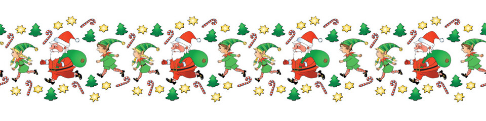 Edging, ribbon, border of Santa Claus and Cute little Christmas Elves. Vector seamless pattern, ornament, decorative element, decoration for New Year, xmas design