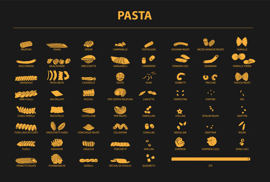 Italian Pasta. Vector food sketch icon set. Doodle macaroni illustration. Hand drawn cooking collection. Pasta Fettuccine Fusilli Gobetti Rigatoni Capellini Conchiglie Tortiglioni Penne Farfalle Fiori