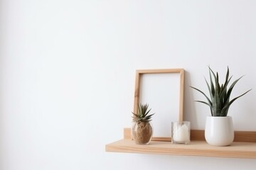 Minimal wooden frame and plant on shelf against white wall backdrop, modern gallery with copy space. Generative AI