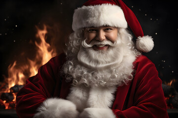 Portrait of a modern Santa Claus with a long white beard, red cap, smiling against a blurred fireplace