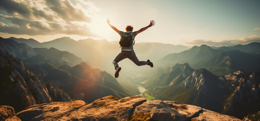 Happy man lifts his arms and jumps on the mountaintop - Successful hiker celebrates success on the cliff - Lifestyle concept and young man climbing on the forest trail
