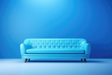 Blue couch positioned against blue wall. This versatile image can be used to depict interior design, home decor, and modern furniture concepts.