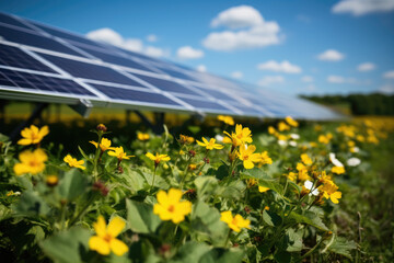 Field of vibrant yellow flowers with solar panel in background. Perfect for illustrating renewable energy, sustainability, and beauty of nature.