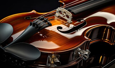 Photo of a close-up shot of a violin on a black background