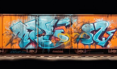 Photo of a vibrant yellow train adorned with colorful graffiti artwork