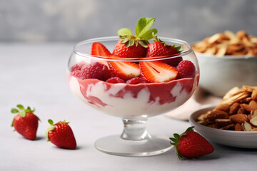 Delicious bowl of yogurt topped with fresh strawberries and crunchy nuts. Perfect for healthy breakfast or snack option. - Powered by Adobe