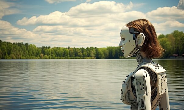 Photo of a woman in a futuristic robot suit submerged in water