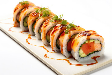 Plate of sushi with sauce on it. Perfect for food blogs, Japanese cuisine articles, or restaurant menus.