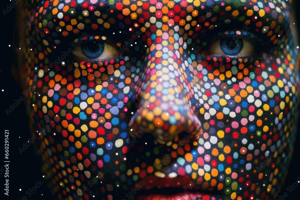 Poster close-up view of person's face with vibrant and colorful dots painted on it. artistic image can be u