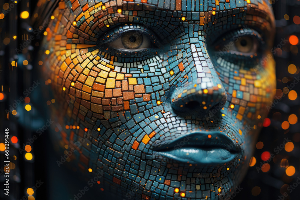 Poster close up of woman's face with mosaic pattern. this image can be used for various design projects and