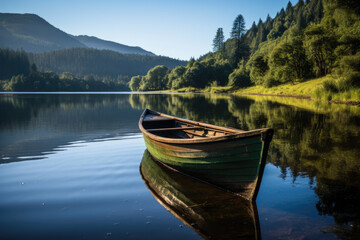 Fototapeta premium Small boat peacefully resting on calm surface of serene lake. This image can be used to depict tranquility and relaxation.
