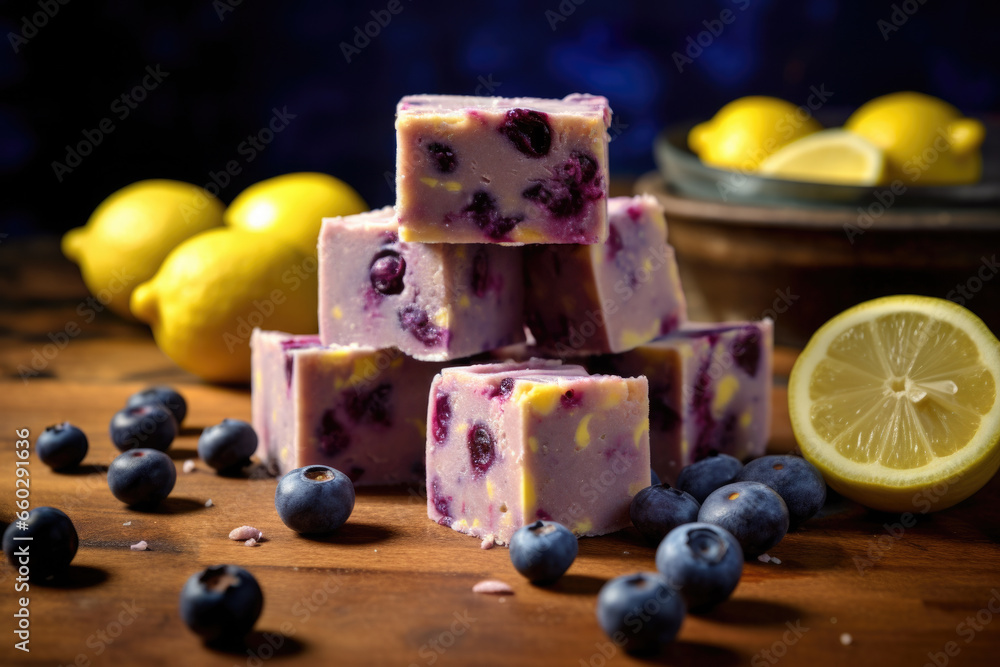 Aufkleber pile of blueberries and lemons sitting on table. this versatile image can be used in various context