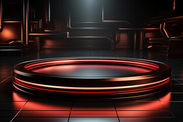 Fototapeta na wymiar Ai Generated photo red light round podium and black background for mock up realistic image