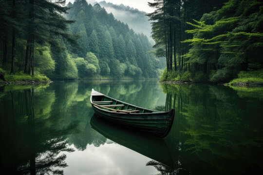 Serene image of boat peacefully floating on top of lake, with lush trees surrounding scene. Perfect for nature-themed projects or calming visuals.