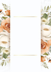 Fototapeta na wymiar White and orange watercolor hand painted background template for Invitation with flora and flower