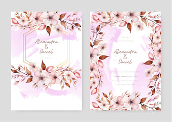 Fototapeta na wymiar Pink sakura luxury wedding invitation with golden line art flower and botanical leaves, shapes, watercolor