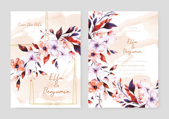 Red and purple violet sakura elegant wedding invitation card template with watercolor floral and leaves