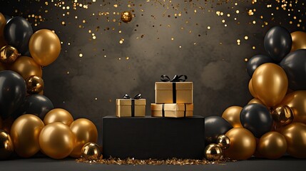 Fototapeta na wymiar Luxury black gold podium product mockup with balloon on glitter backgroundAI Generative