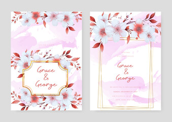 White and pink sakura set of wedding invitation template with shapes and flower floral border