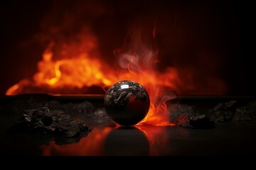 Burning snooker 8 ball on plain backdrop, digital artwork. Generative AI - obrazy, fototapety, plakaty