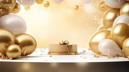 Luxury gold podium product mockup with balloon on glitter background AI Generative