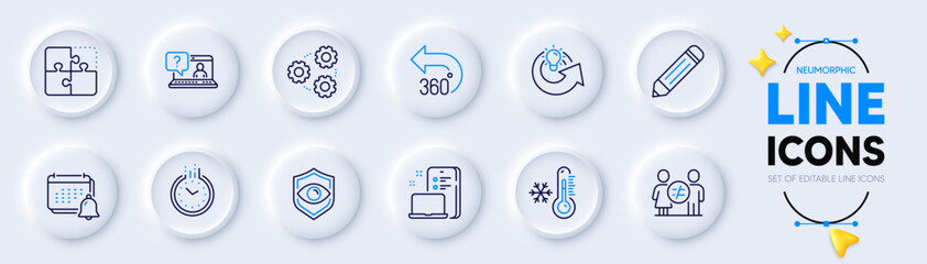 Puzzle, Discrimination and Low thermometer line icons for web app. Pack of Gears, Eye detect, Time pictogram icons. 360 degrees, Faq, Share idea signs. Pencil, Notification, Device. Vector
