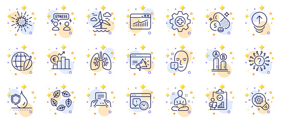 Outline set of Receive file, Environment day and Face attention line icons for web app. Include Yoga, Lungs, Waterproof pictogram icons. Medicine, Organic tested, Question mark signs. Vector