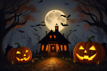 Halloween pumpkin head jack lantern with burning candles, Spooky Forest with a full moon with house. Generative AI