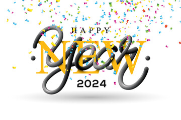 2024 Happy New Year illustration with 3D typography lettering and falling confetti on a white background.
