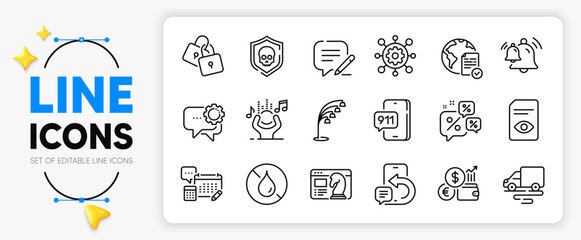 Locks, Discounts chat and Bell line icons set for app include Currency rate, Online voting, Account outline thin icon. Phone message, Employees messenger, Emergency call pictogram icon. Vector