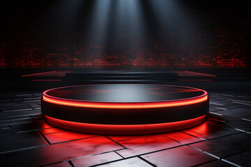 Fototapeta na wymiar Ai Generated photo red light round podium and black background for mock up realistic image 