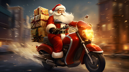 Santa Claus riding a scooter with a lot of christmas presents. - obrazy, fototapety, plakaty