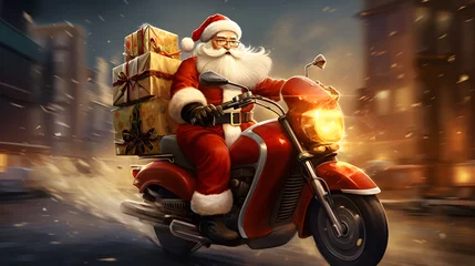 Crédence de cuisine en verre imprimé Scooter Santa Claus riding a scooter with a lot of christmas presents.