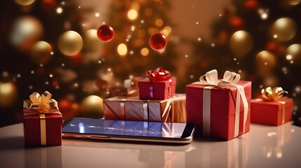 Smartphone with gift boxes and christmas tree in the background.