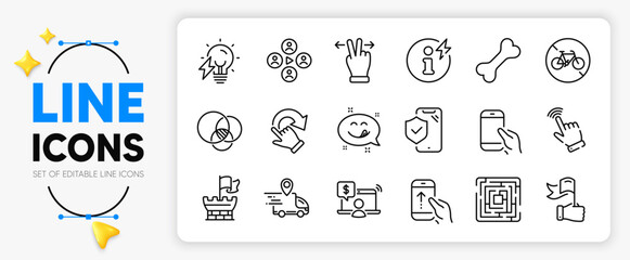 Power info, Dog bone and Bicycle prohibited line icons set for app include Leadership, Maze, Electricity bulb outline thin icon. Touchscreen gesture, Euler diagram, Cursor pictogram icon. Vector