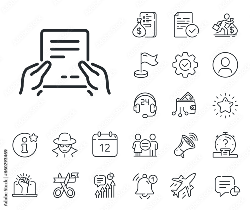 Aufkleber agreement text file sign. salaryman, gender equality and alert bell outline icons. hold document lin