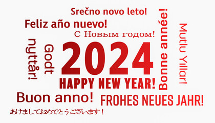 Illustration of a word cloud with the message happy new year in red over white background and in different languages - represents the new year 2024.