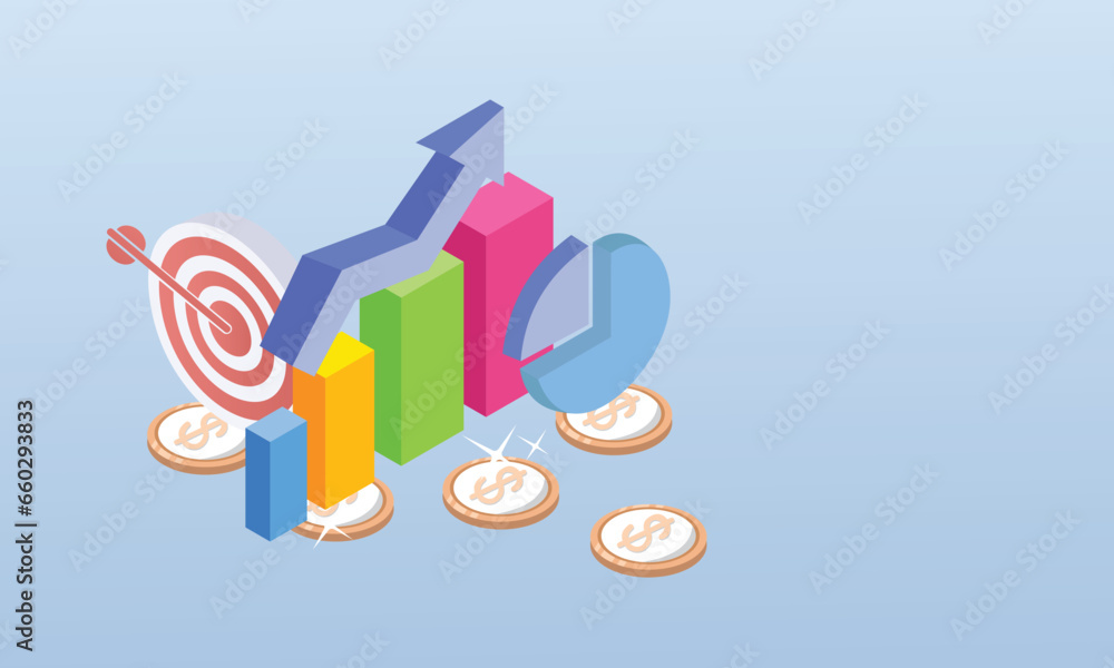 Poster statistics and data analytics with an arrow to the top. and pie chart. achieving the profit goal.3d 