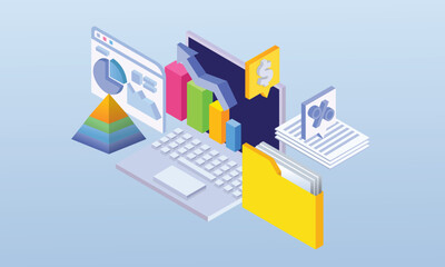 Concept of online analytics data analysis financial reporting research business strategy.on blue background.3D design.isometric vector design Illustration.