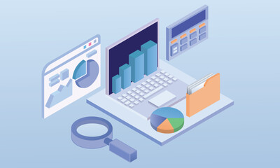Data analyst and search professional laptop.on blue background.3D design.isometric vector design Illustration.