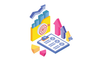 Target with an arrow in a folder with a chart and a growing arrow next to a sheet with a list and check marks, business plan.on white background.3D design.isometric vector design Illustration.